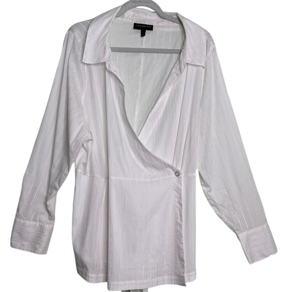 Lane Bryant White Tunic Blouse Front Faux Wrap With Sash Size 22
